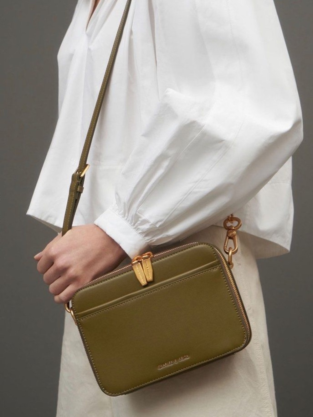 Charles & Keith Lock & Key Shoulder Bag with Chain Strap Olive Green